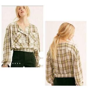 🍁 Free People It’s The Good Life Smocked Plaid Gauze Cropped Blouse Chest Pocket